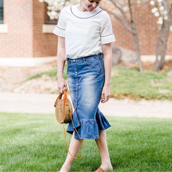 SOLD OUT New! Denim Mermaid Midi Skirt Ruffle Hem - Picture 2 of 7